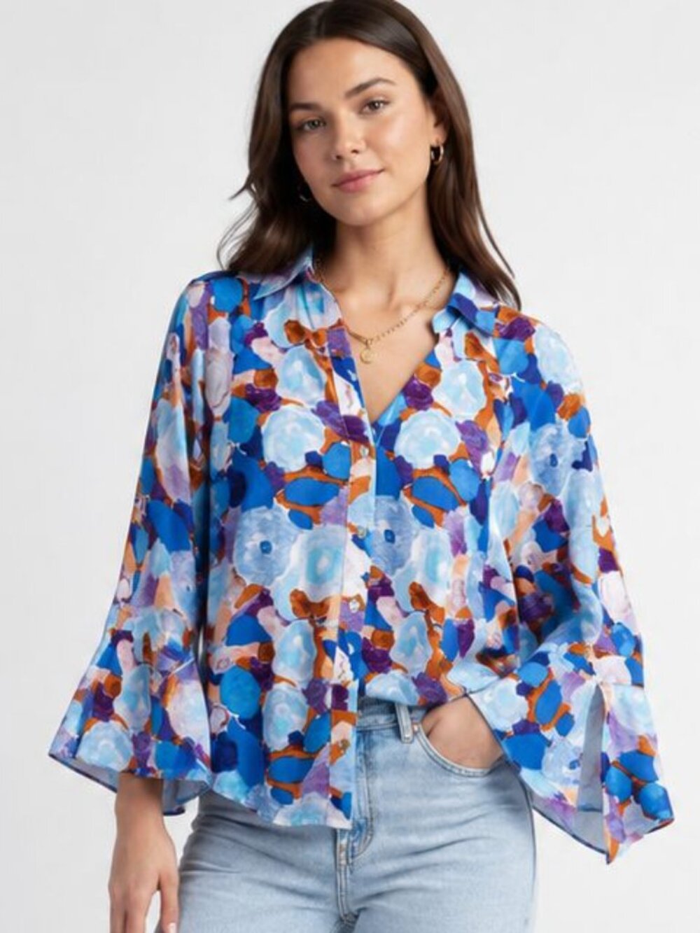 New GIGIO M 8 10 Blue Floral Blooms Hi-Low Hem Button Down Top Open Slit Sleeve